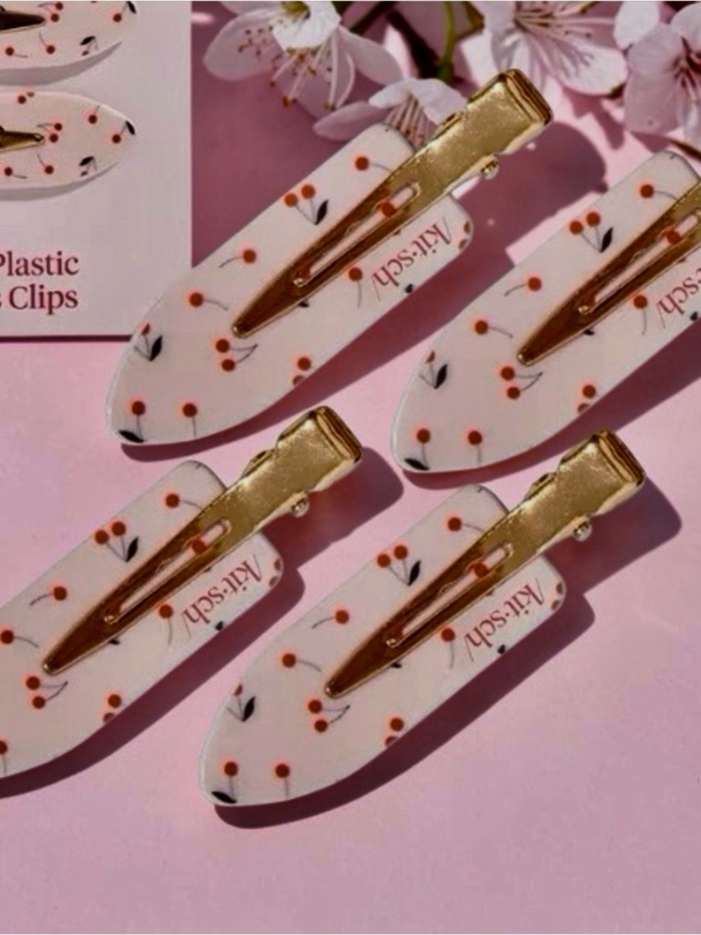 Kitsch hair clips cherry pattern, new set of 4